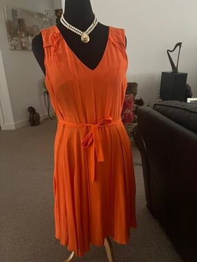 Ann Taylor Orange Sleeveless V-Neck Midi Dress with Waist Tie